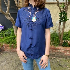 Hand embroidered, Mandarin collar silk blouse in navy